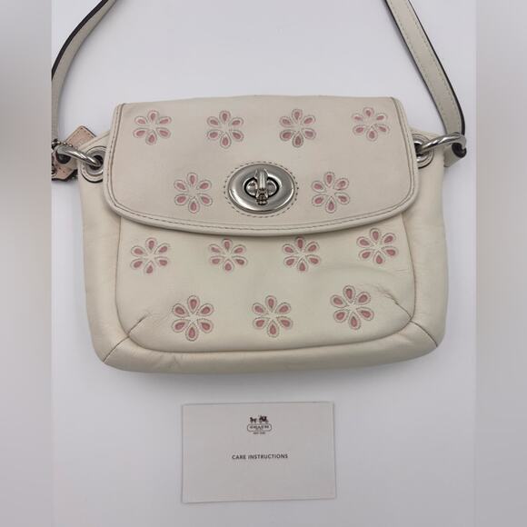 Coach Ivory Leather Mini Crossbody Bag with Pink Floral Eyelet Cutout & Turnlock - Picture 7 of 8